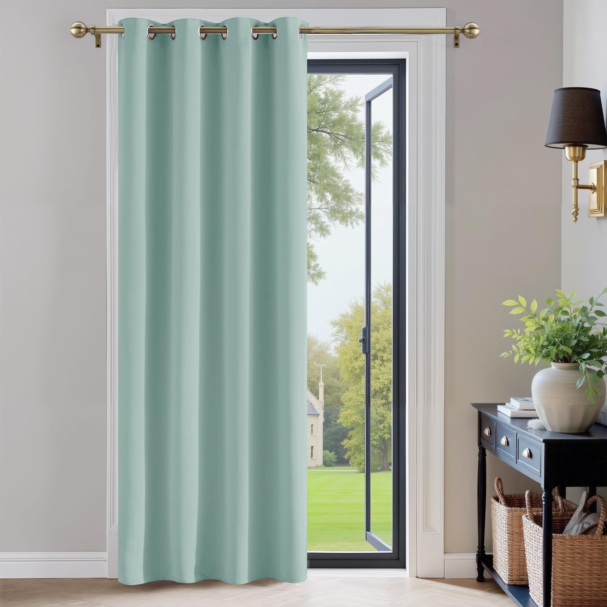 PONY DANCE Eyelet Light Green Curtain - Thermal Insulated Bedroom Window Curtain & Drape Home Decor Solid Draperies Sun Blocking, Energy Saving, Wide 52 inch by Drop 84 inch, 1 Panel