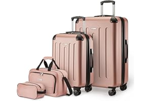 Amazon Basics 4-Piece Luggage Set, Including Two Hardside Suitcases With Multidirectional Spinner Wheels (22" CarryOn and 28" Checked), Plus 15-inch Tote Bag and 10-inch Compact Travel Bag, Rose Gold