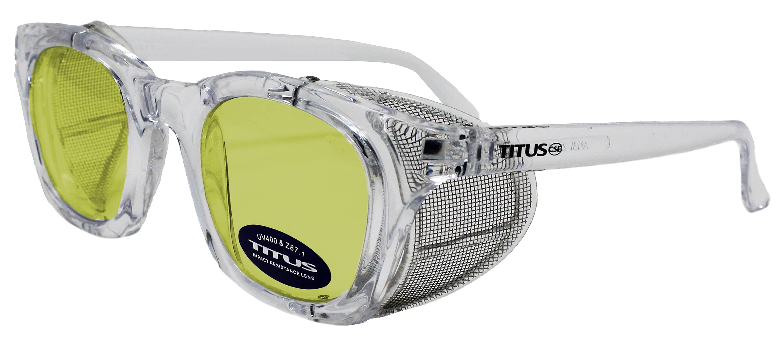 TITUS G12 Gafas de seguridad estilo retro Malla de acero inoxidable plegable suave o protector lateral del mismo color (marco transparente/lente amarilla, solo gafas)