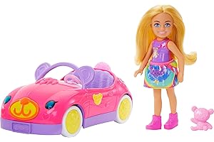 Barbie Chelsea Toy Car Set with Bear-Themed Convertible & Teddy Bear Accessory, Blonde Small Doll Wears Removable Skirt & Shoes