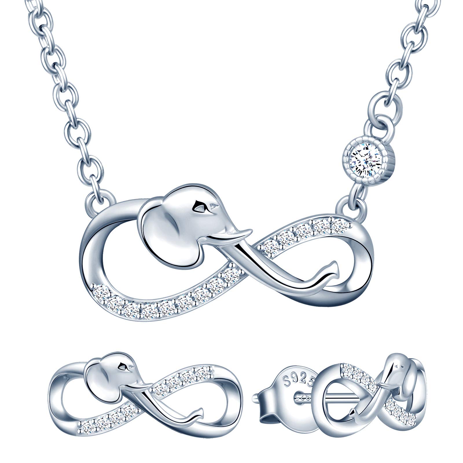 Yumilok Unique Infinity with Cat Jewelry Set 925 Sterling Silver Earrings Necklace Set for Women