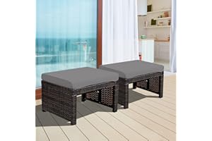 ORALNER Outdoor Ottoman, Set of 2 Wicker Footstools, All-Weather Rattan Foot Stools w/Removable Cushions, Patio Footrest Extra Seating for Porch, Poolside, Garden, Deck, Easy Assembly (Gray)