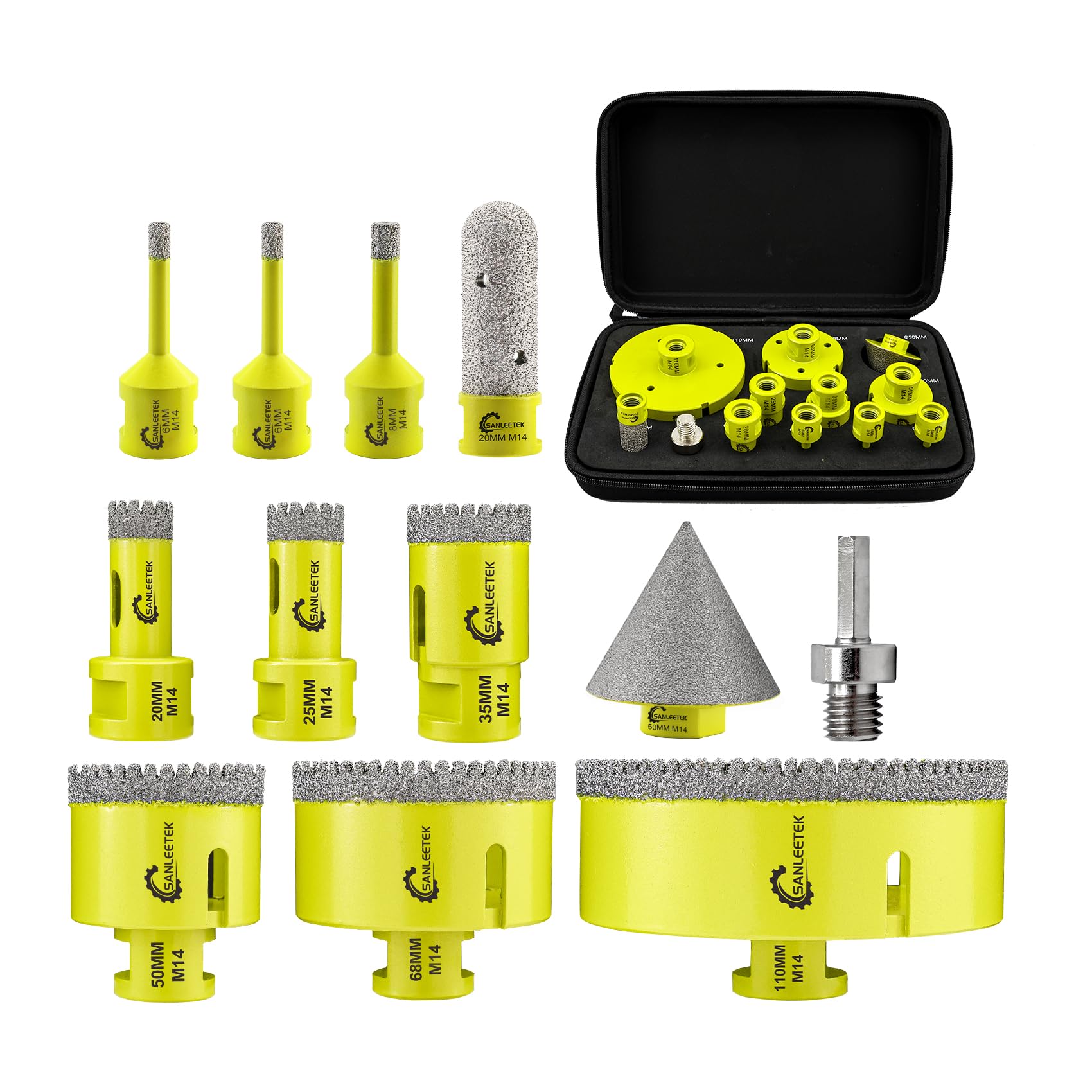 SANLEETEK Tile Hole Saw Kit - Diamond Core Drill Bits Set 12pcs (6/6/8/20/25/35/50/68/110mm+20mm Finger Bit+50mm Beveling Chamfer Bit+Hex Adapter) for Ceramic Tile Porcelain Marble Granite M14 Thread