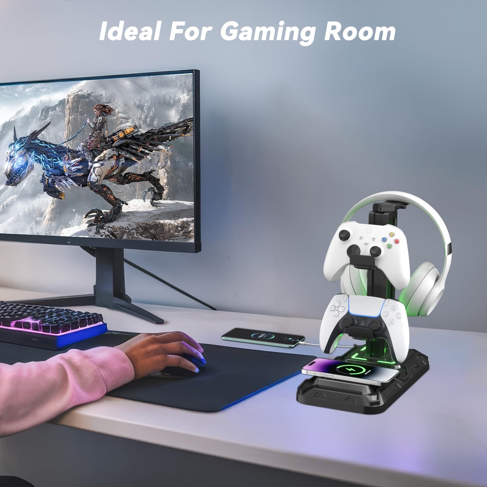 KDD Headphone & Controller Stand with Wireless Charging - Rotatable Headset Stand with 9 Light Modes - Controller Holder with 2 USB and Type C Ports - for Gamers Desktop Accessories