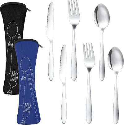 Dacitiery 2 Set Camping Cutlery Stainless Steel 6 Pcs with Pouch Blue Black