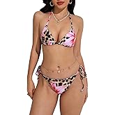 Verdusa Women's Y2K Bikini 2 Piece Cheetah Floral Swimsuit Halter Triangle Tie Side String Bikini Set