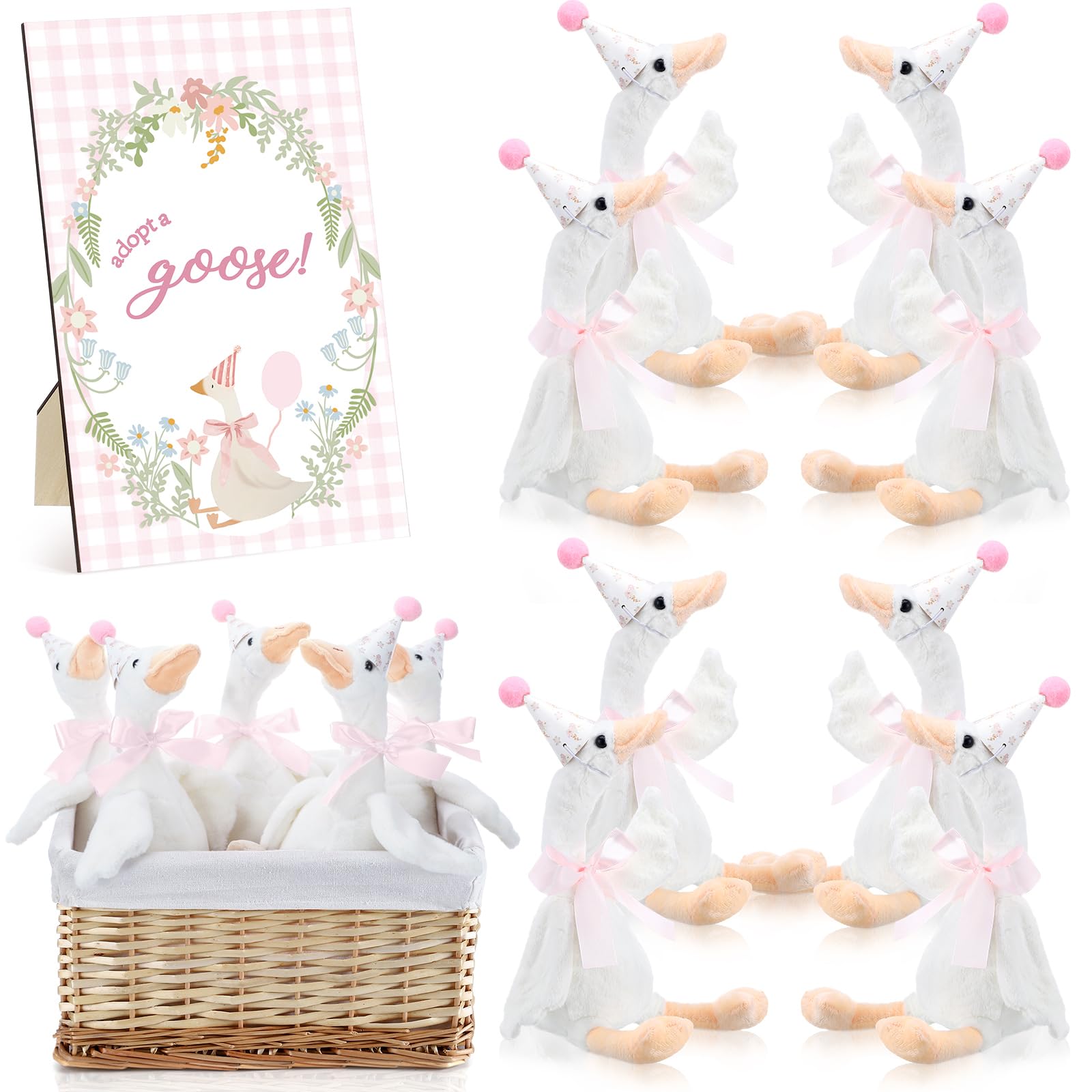 Blueweenly 8 Sets Silly Goose 1st Birthday Decoration 15.7 Inch Pink Soft Silly Goose Stuffed Animal Hat with Wood Table Decor for Birthday Party Baby Shower Decoration