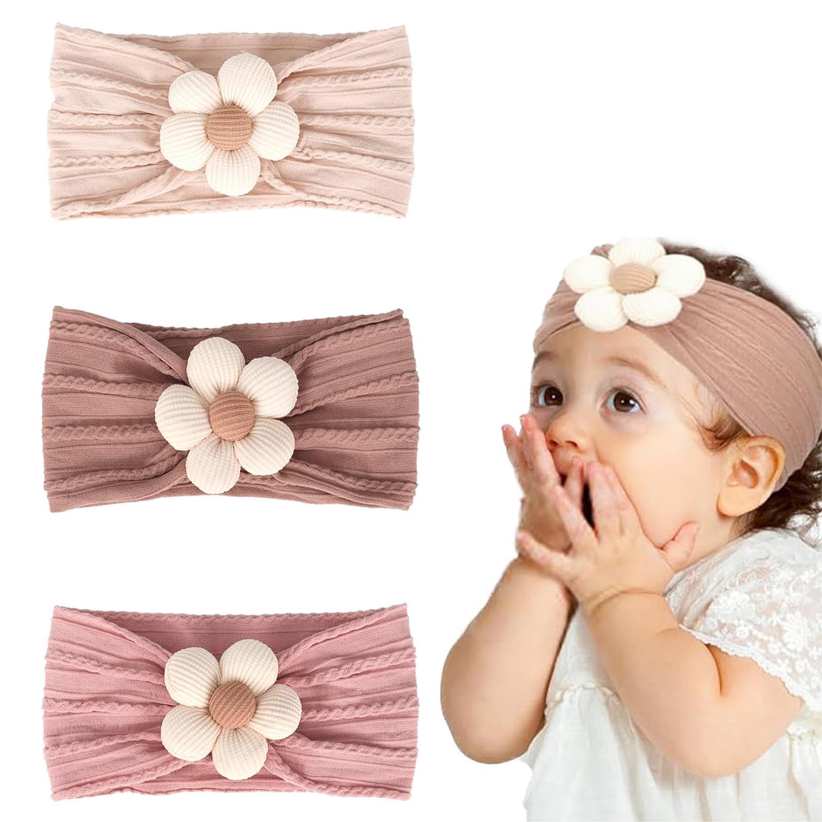 Wbgraceful 3Pcs Baby Flower Headbands for Newborn, Infant, Toddler Girls - Nylon Headbands for Birthdays, Photo Props (Khaki/Pink/Beige)