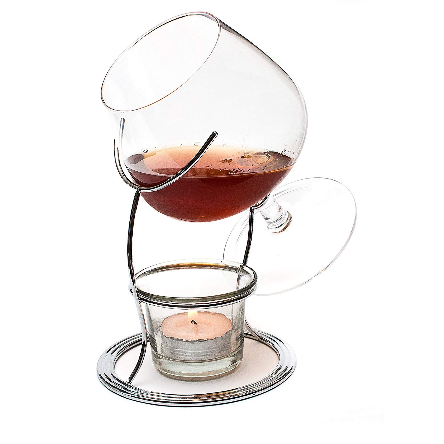 CKB Ltd Brandy & Cognac Snifter Warmer Glass Stand Premium Drinking Gift Set with Tea Light Candle & Metal Holder (Chrome) — image 1