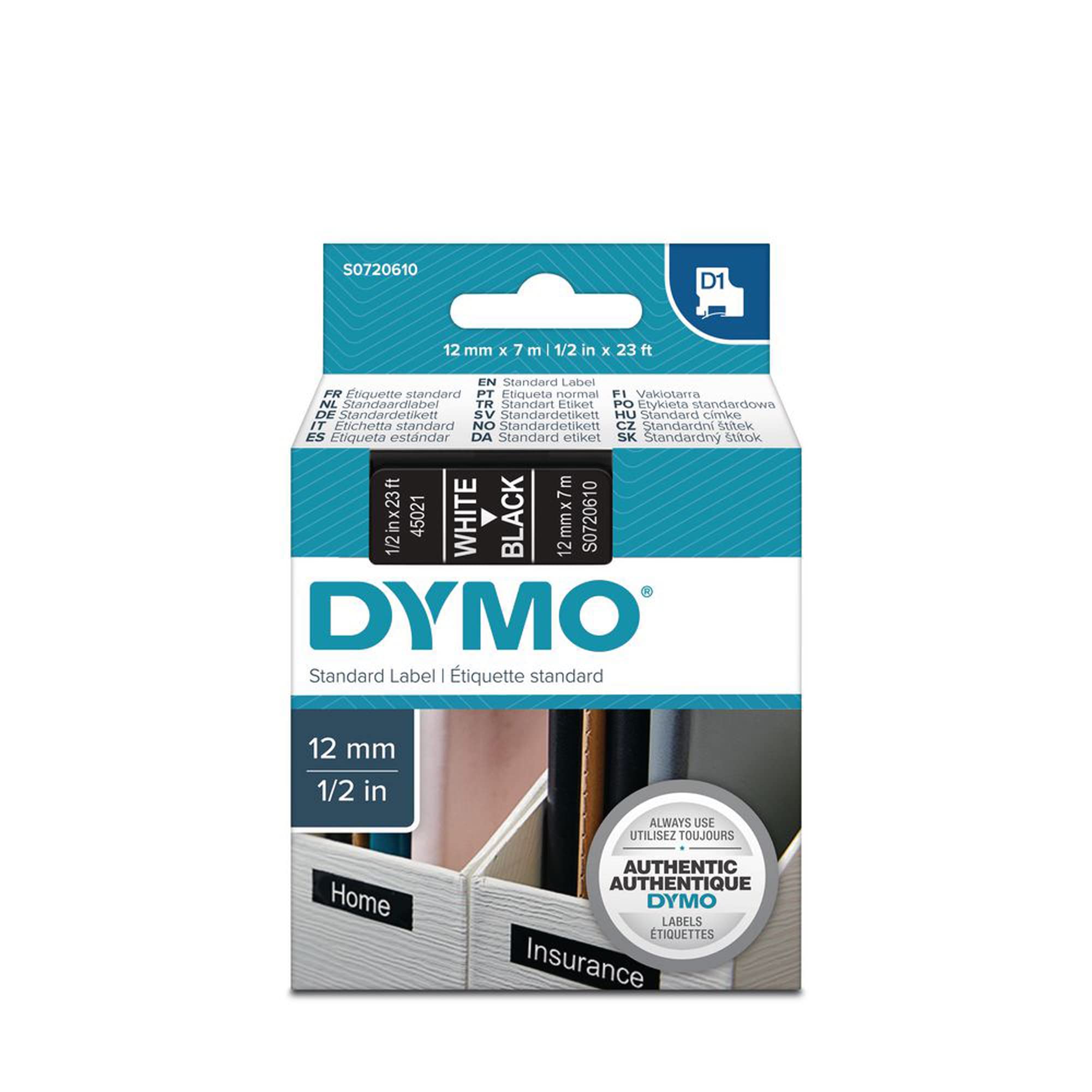 DYMO Laminated Tape for D1 45021 LabelManager™ White 12 mm Black (Pack of 5)
