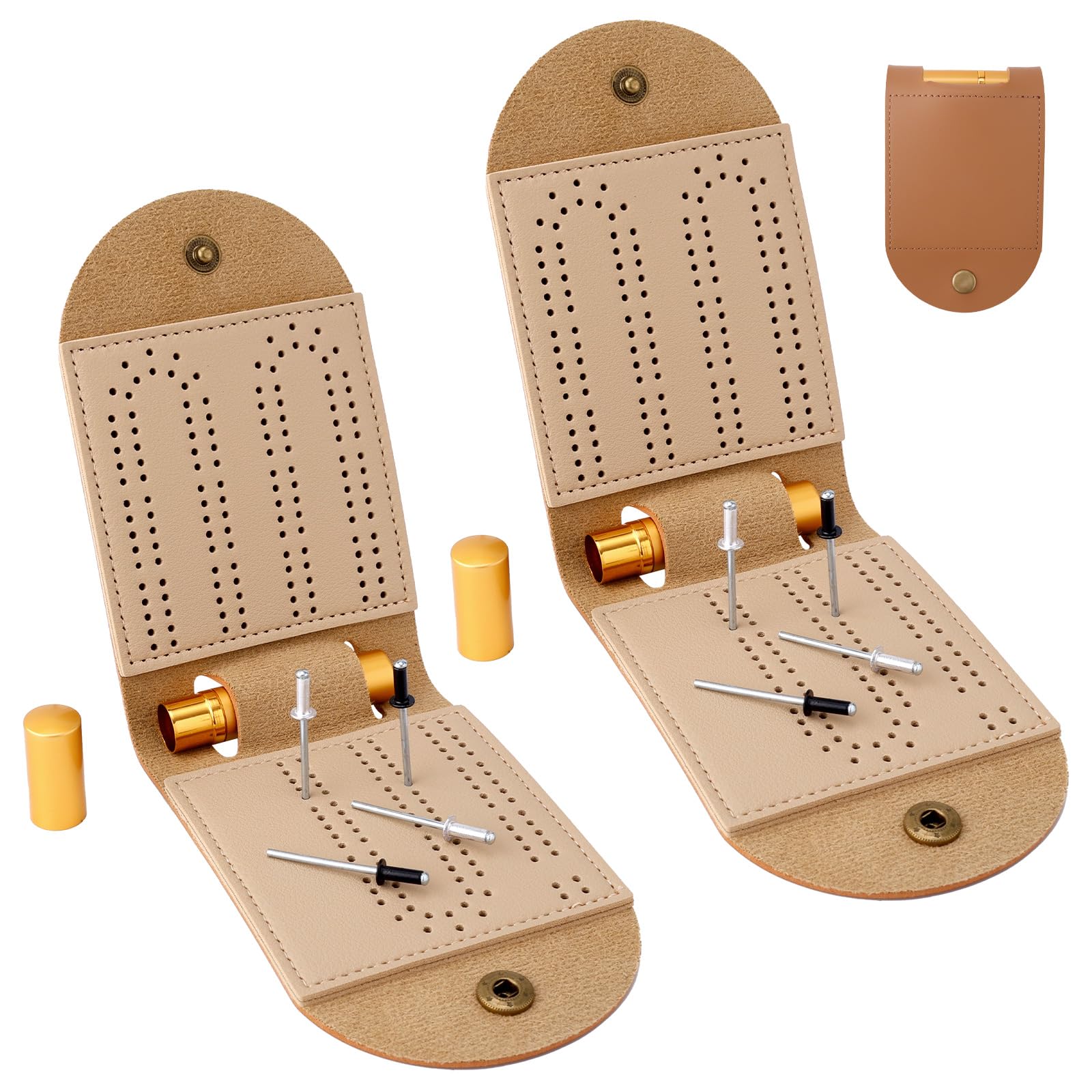 Photo 1 of 2 Sets Small Cribbage Board Game Set, Portable Travel Foldable PU Leather Mini 2 Track Cribbage Board with 8 Metal Pegs and 2 Storage Slots Accessories Ideal for Family and Friends