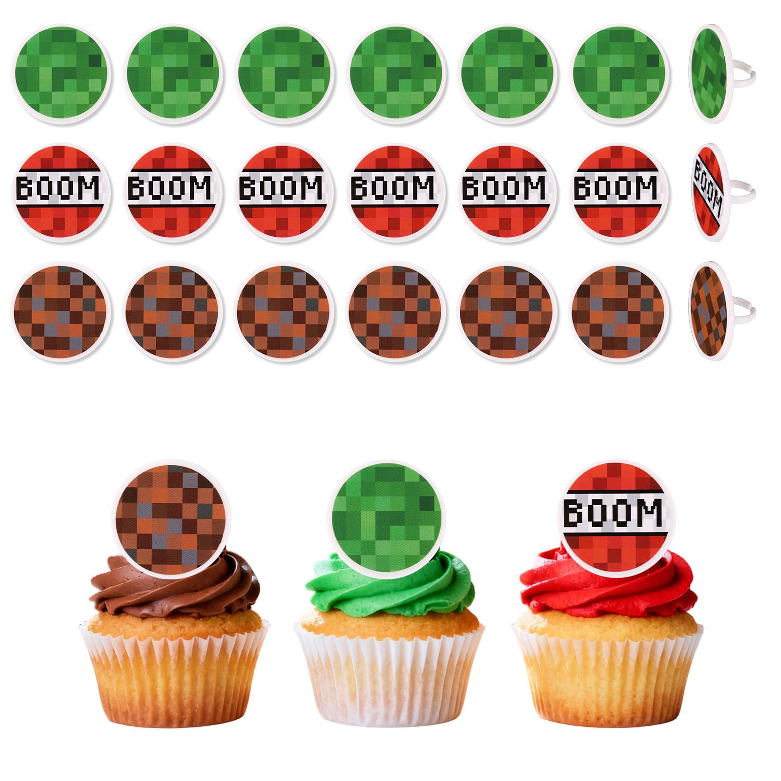 SAVITA 24pcs Cartoon Cupcake Rings, 3 Style Pixel Cake Ring Cartoon Theme Cupcake Toppers Decoration for Birthday Video Game Theme Party Favors Classroom Prizes