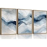myusuar 3 Piece Large Abstract Framed Wall Art For Living Room, Smoke Texture Ink Navy Blue Canvas Wall Art Modern Minimalist Art Prints Wall Décor For Bedroom Office 16x24in