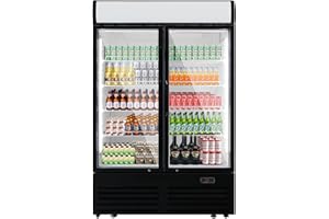 Bluelinecool 36 Cu Ft Commercial Beverage Refrigerator with 2 Glass Doors - Upright Drink Cooler Merchandiser with LED Light Display, 8 Adjustable Shelves, Black, ETL Approved for Business & Retail