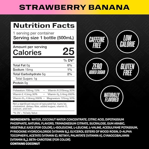 PRIME HYDRATION STRAWBERRY BANANA, SPORTS DRINKS, ELECTROLYTE ENHANCED FOR ULTIMATE HYDRATION, 250MG BCAAS, B VITAMINS, ANTIOXIDANTS, LOW SUGAR, 16.9 FL OZ, 12 PACK