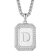 Raymard Mens Womens 925 Sterling Silver A-Z Initial Necklace, Cubic Zirconia Dog Tag Pendant Necklace for Men, 24" Rolo Chain Initial Jewelry