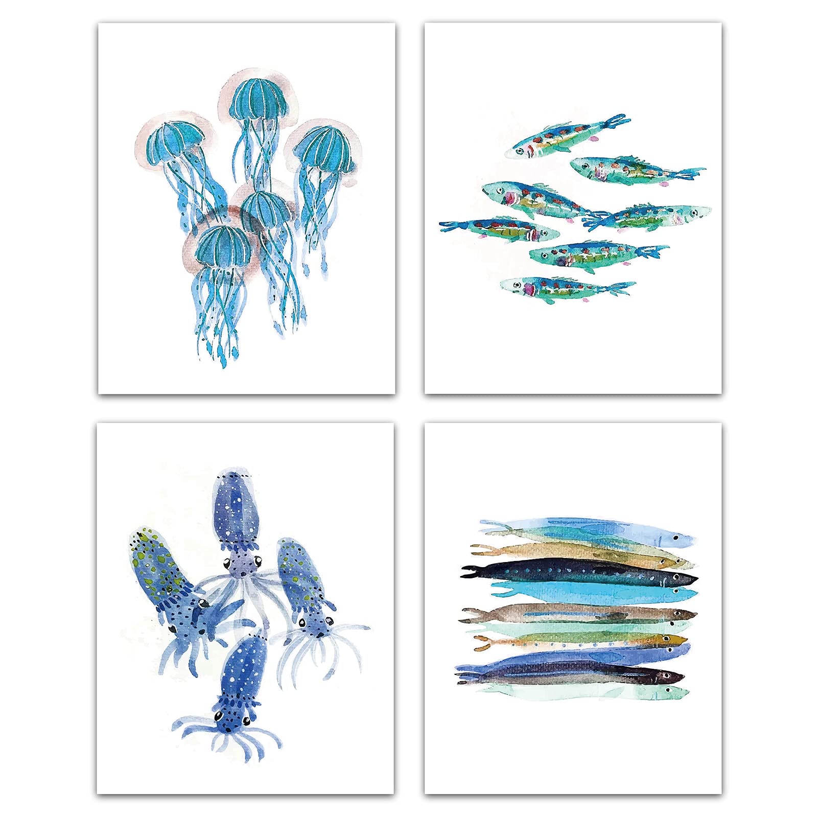 CREATCABIN 4pcs Ocean Unframed Canvas Prints Bathroom Funny Colorful Life Quotes Art Print Tropical Fish Jellyfish Octopus Hairtail Summer for Nursery Bedroom Bathroom Home Decor 8 x 10inch