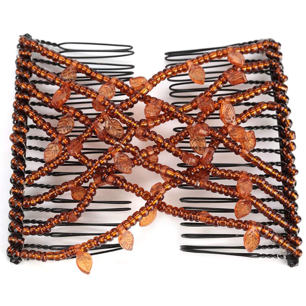 Pearl Hair Clip Stretch Hair Comb Elastic Hair Clips, Magic Hair Combs Pearl Hair Combs Elastic Hair Combs Double Clips Hair Comb DIY Hair Styling Tool(Coffee)
