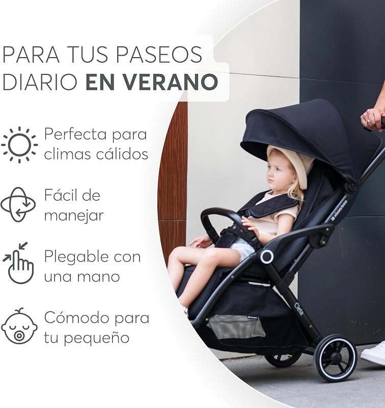 KikkaBoo Silla de Paseo Ligera CIELA, Carrito Bebé Compacto hasta 22 kg, Plegado Automático, Reclinable, Superligero, Tamaño Cabina Avión, Negro