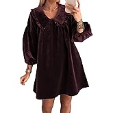Ynhonra Womens Velvet Long Sleeve Mini Dress A Line Ruffle Collar Babydoll Fall/Winter Outfit