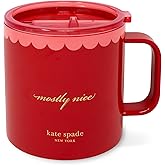 kate spade new york Stainless Steel Insulated Holiday Mug with Handle and Lid, 16 Ounce Double Wall Tumbler, Reusable Coffee Travel Mug for Hot and Cold Drinks (Mostly Nice)