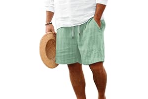 LANZHIP Men's Linen Casual Short Flat Front Elastic Waist Drawstring Summer Beach Lightweight Vacation Shorts with Pocket