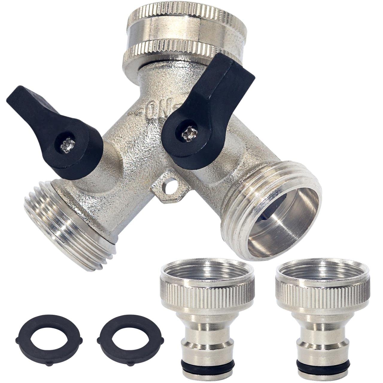 Tesmotor 2 Way Garden Hose Splitter, 2-Way Tap Connector with Individual On/off and Two Quick Connector, 3/4" Tap Y Splitter Brass Hose Connector - Silver