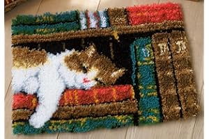 GENERIC Cat on Bookshelf Latch Hook Rug Kits for Adults and Starter DIY Cross Stitch Latch Hook Rug Sofa Seat Cushion Crocheting Kits with Preprinted Pattern Canvas Crochet Yarn Kits 52X38CM