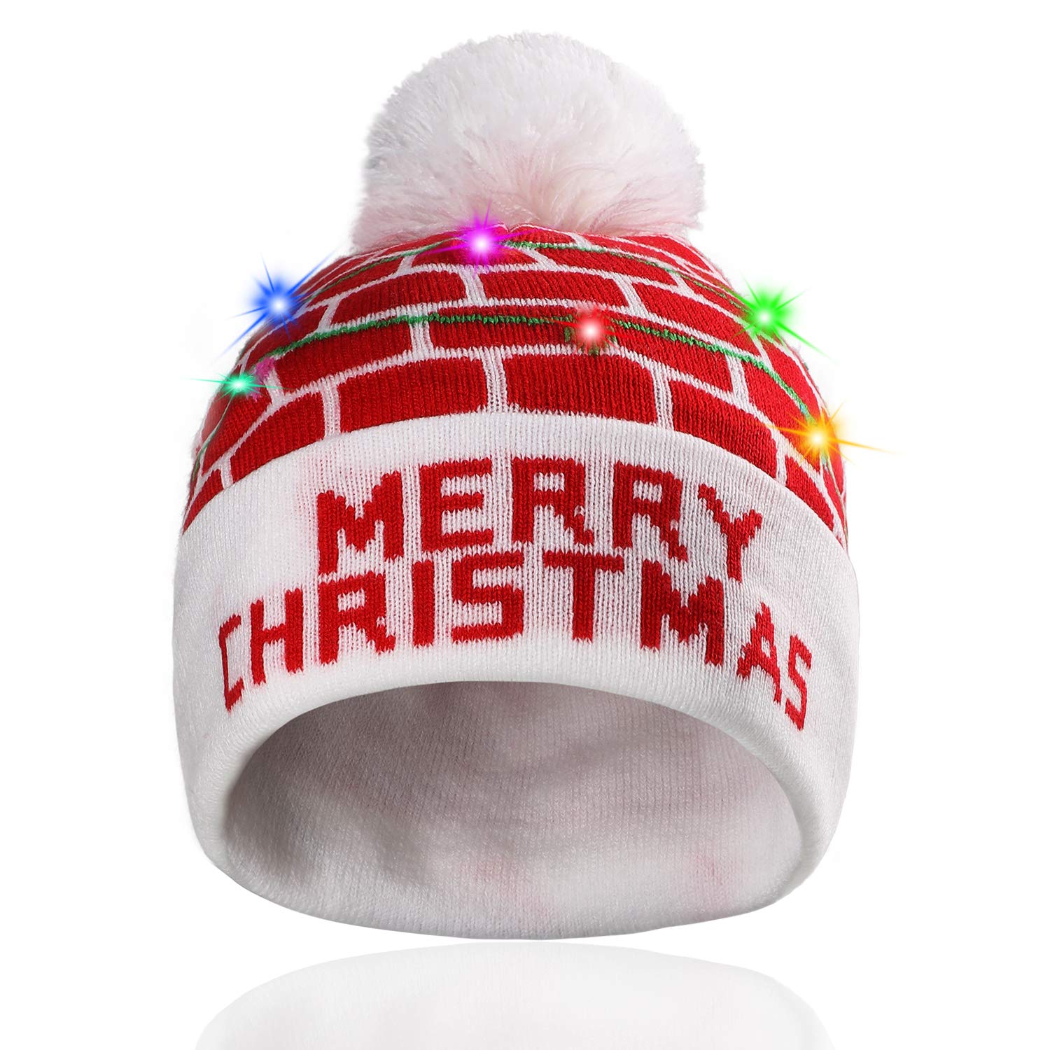 Hifot LED Light Up Beanie Knit Cap, 6 LED Colorful Xmas Christmas Party Hat, Winter Warm Sweater Ugly Holiday Knitted Cap - Red Brick