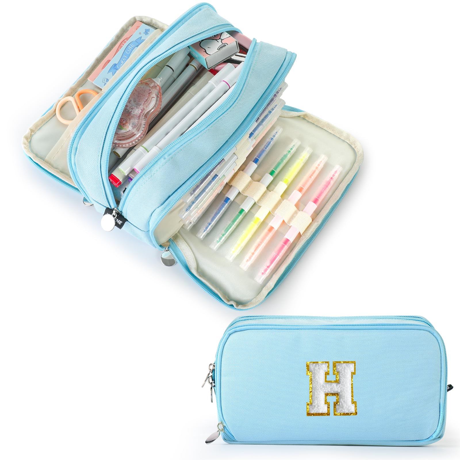 Photo 1 of Nuozme Extra Large Capacity Pencil Case 3 Compartment Initial Pencil Pouch Personalized Cute Aesthetic Stationery Pen Case Bag for School Teen Girl Boy Men Women Gift (H, Blue)