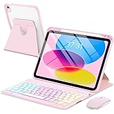 EAMPANG Case with Keyboard Mouse for iPad A16 11th 10th Generation 11/10.9 inch,Rainbow Backlit Detachable Keypad Rotatable Magnetic Cover with Pencil Holder for iPad 11 2025 10 Gen 2022 Pink