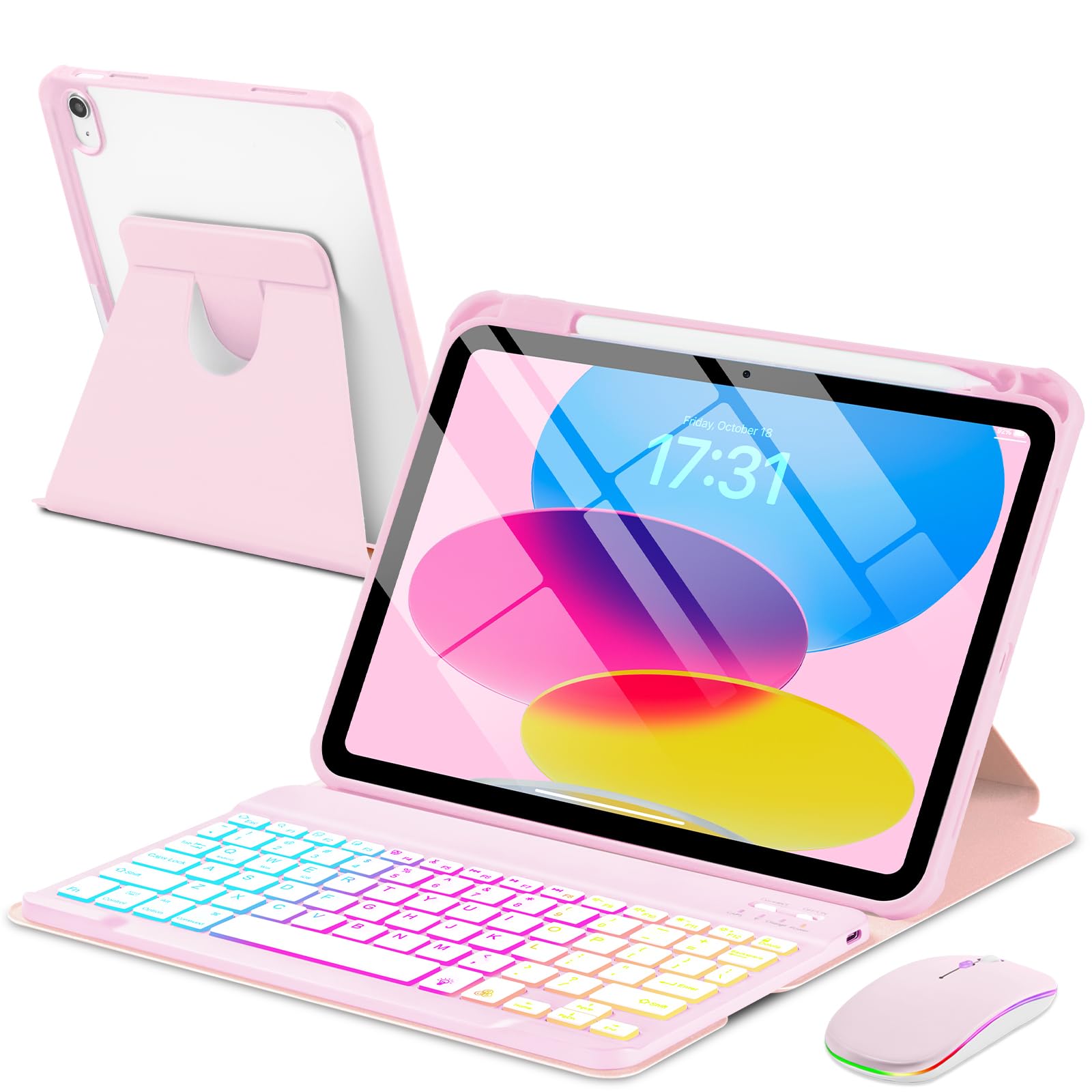 Photo 1 of ****FINAL SALE NOT RETURNS****EAMPANG Case with Keyboard Mouse for iPad A16 11th 10th Generation 11/10.9 inch,Rainbow Backlit Detachable Keypad Rotatable Magnetic Cover with Pencil Holder for iPad 11 2025 10 Gen 2022 Pink