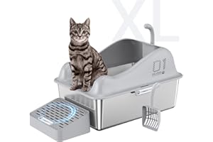 MAZYOYO Stainless Steel Litter Box, XL Metal Litter Box with High Wall Sides, Stainless Steel Litter Box with Lid, Never Absorbs Odors, Non-Sticky, Anti-Urine Leakage-Grey