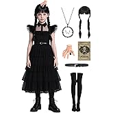 DIYLN Girls Black Dress for Halloween Costume Kids Family Party with Wig Necklace Socks Accessories
