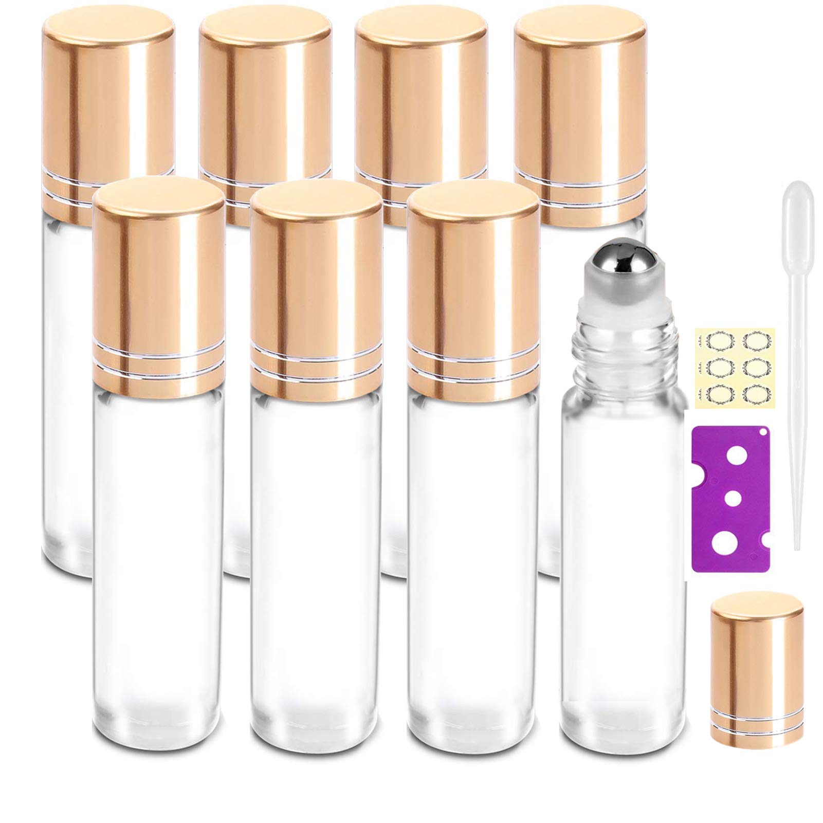 Yalbdopo 8Pcs, 10ml Essential Oil Roller Bottles Refillable Transparent Glass Roll on Bottle Clear Roll Bottles with Stainless Steel Roller Balls & Gold Cap, Include 12 Labels, Dropper & Opener