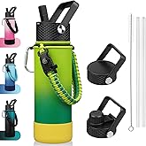 BJPKPK Insulated Water Bottle with Straw Lid, 22oz Thermal Flasks Water Bottles with 3 Lids, Paracord Handle & Non-slip Boot, BPA Free Leak Proof Stainless Steel Tumblers,Bamboo Grove