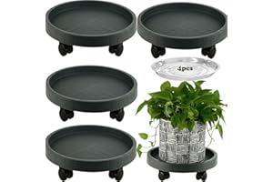 KvyusFlourish 4 Packs 14 Inch Resin Plant Caddy with Clear Saucer Rolling Plant Stand with Wheels Plant Dolly Outdoor Big Flower Stand Plant Pot Saucers, Grey
