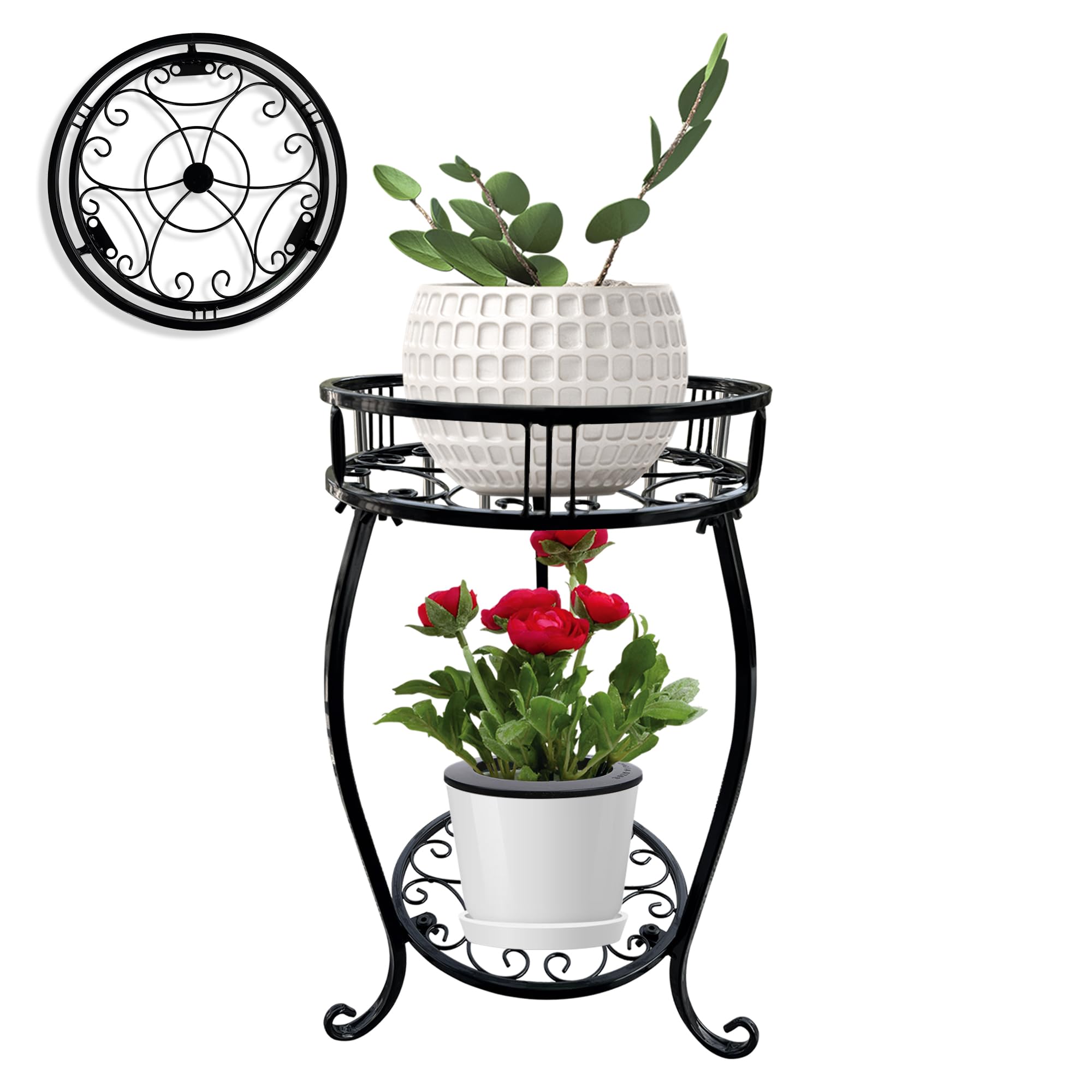 MEEYUU 2 Tier 45cm Tall Plant Stand Indoor Outdoor Metal Pot Holder Rack Pot Stand Heavy Duty Plant Shelf Rustproof Multiple Plant Round Supports Rack for Planter Corner Garden Balcony Patio (Black)