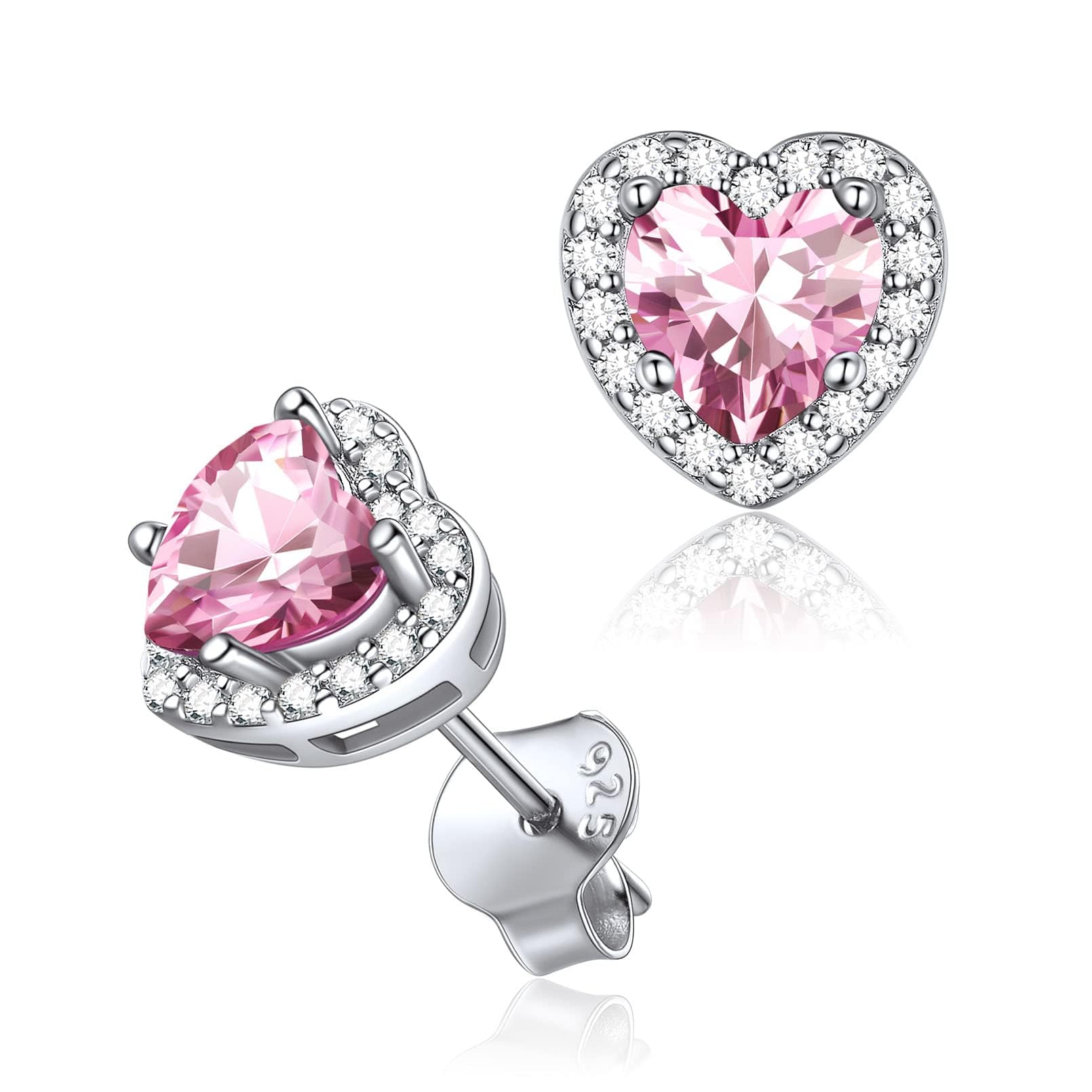 ChicSilver Stud Earrings Silver October Birthstone Heart Studs 925 Sterling Silver Tourmaline Cubic Zirconia Jewellery for Females