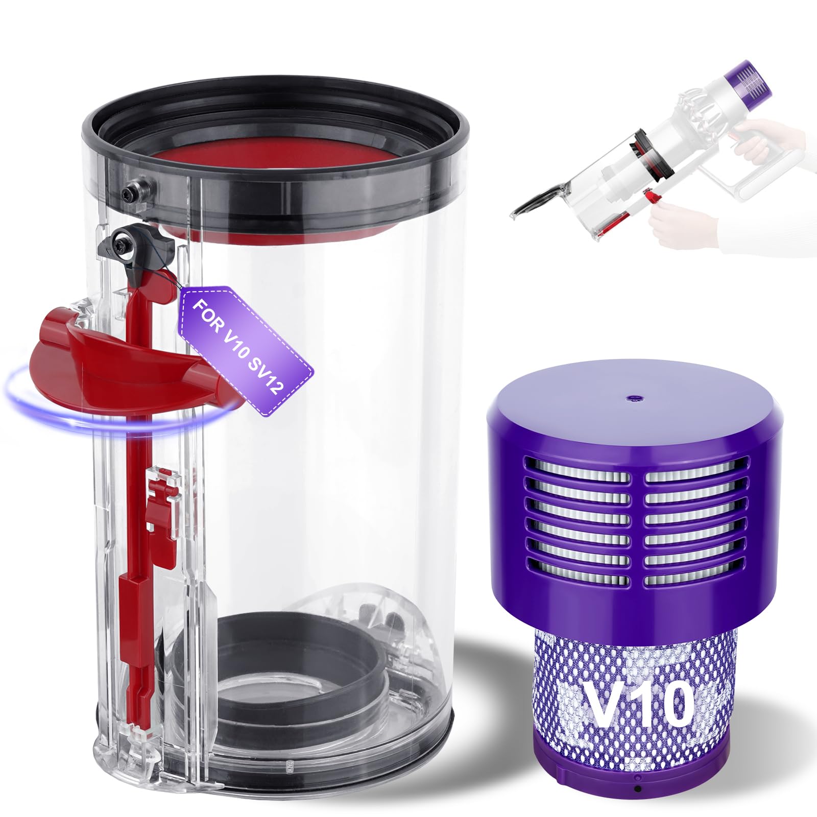 Photo 1 of PUREGUST V10 Bin Replacement and Filter for Dyson V10(SV12) Animal and Absolute Models, Bin Part No.969509-01 and Filter Part No. 969082-01 for Absolute/Animal/Animal Extar/Total Clean