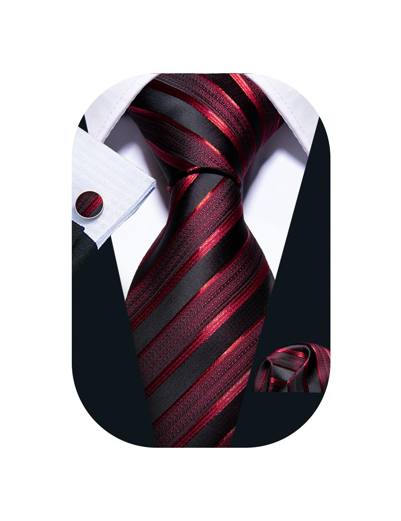 Barry.Wang Formal Business Ties for Men Red and Black Striped Necktie Handkerchief Cufflinks