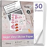 Koala Printable Vinyl Sticker Paper for Inkjet Printer - 50 Sheets White Glossy Sticker Paper, Waterproof Sticker Printer Pap