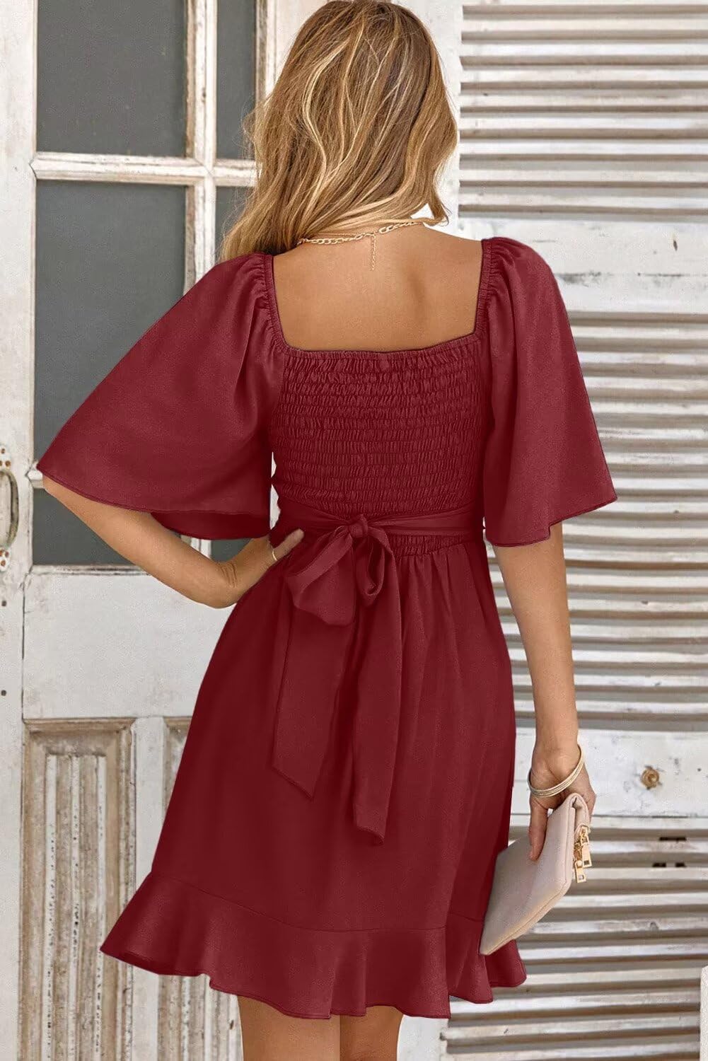 Dokotoo Womens Ruby Dresses Summer Wrap V Neck Short Sleeve Smocked Elastic Waist Tiered Belted Ruffle Hem Mini Dress Cocktail Dress XXL - Image 2