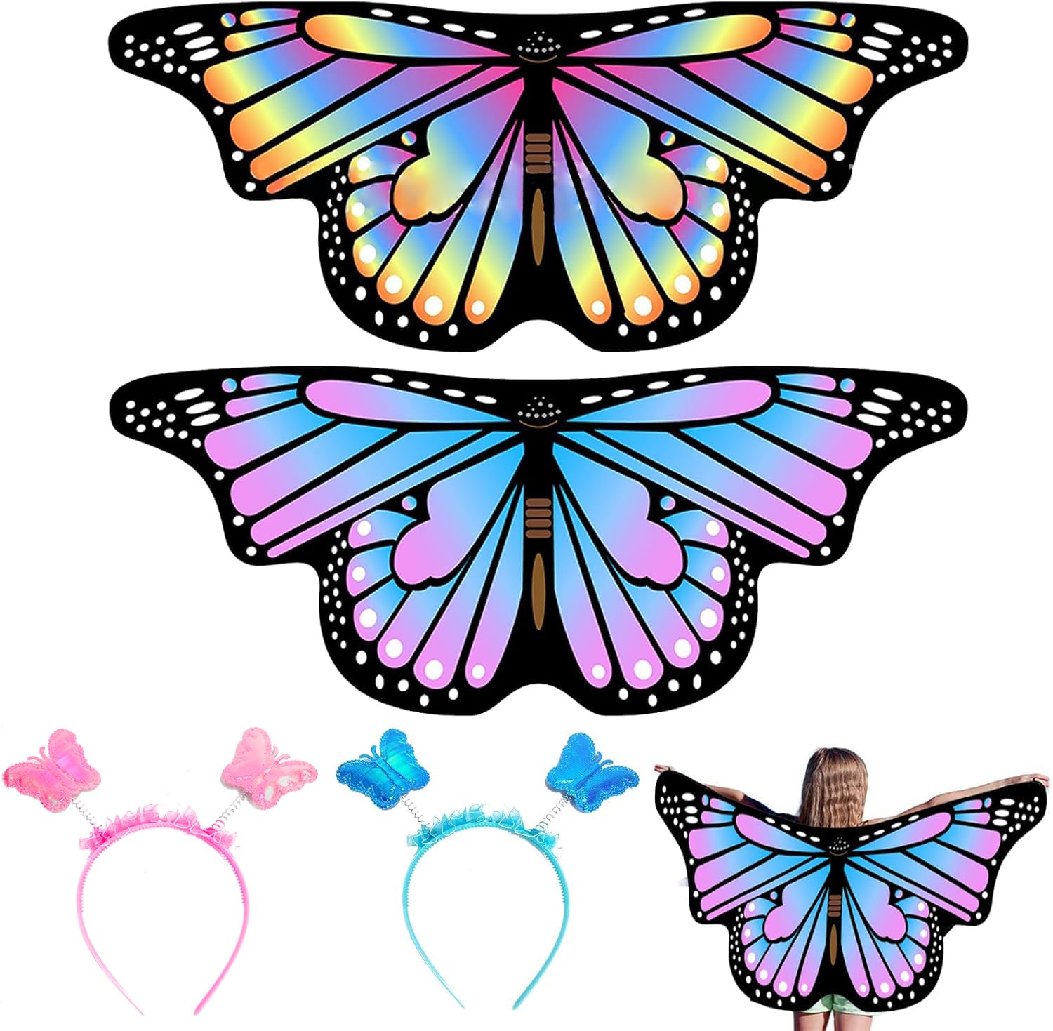 EQLEF Kids Butterfly Wings Cape, 2PCS Fairy Wings with Headband Kids Butterfly Cloak Costume for Girls Fancy Dress Party Play Party Favor 3-6 Years Old (Rainbow+Blue)