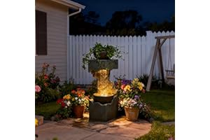 Bumilgar 37.4''H 2-Tiered Rainfall Bowl Garden Water Fountain with LED Lights and Pebbles, Modern Crackled Stone Feature Waterfall for Porch, Deck, Yard, Patio, and Home Décor