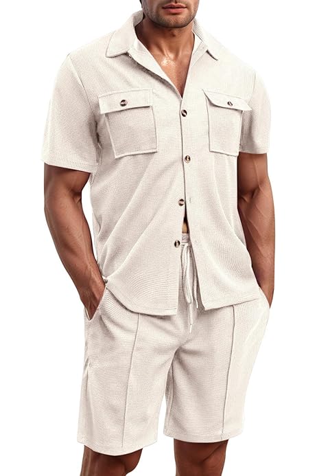 Conjunto De Lino Para Hombre (2 Piezas) - Camisa Manga Larga Y Pantalones Cortos, Verano, Playa, Ocio