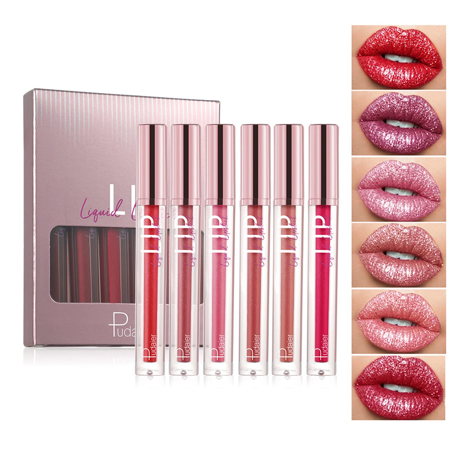 RoseFlower 6 Colors Sparkle Lip Gloss Glitter Liquid Lipstick Set, Diamond Halloween Sparkly Lipstick Shiny Metallic Lipgloss Waterproof Non-Stick Liquid Lipstick Makeup Gift, Red, Pink Series