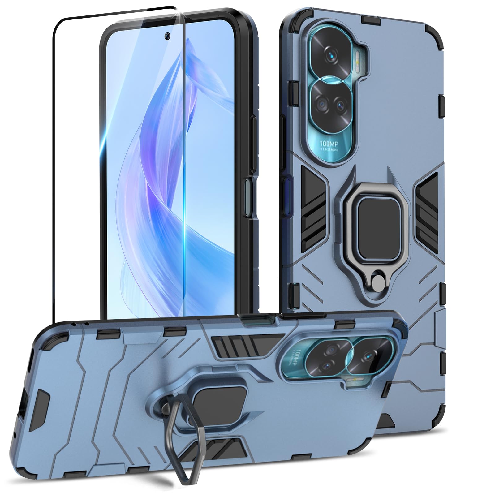 Btstring Honor 90 Lite/Honor x50i Case with Tempered Glass, Military Grade Shockproof Protective Case Cover with Metal Ring Stand, Black — image 1