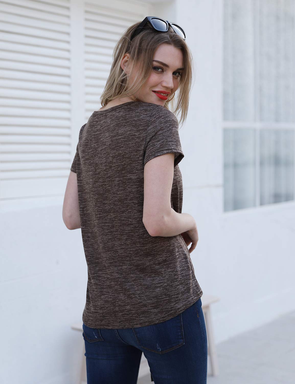 Blooming Jelly Ladies Tie Up Top Asymmetric Casual T Shirt Summer Tops for Women Going Out Brown,S