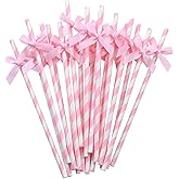 Nicime 20pcs Pink Bow Straw, 7.7inch Biodegradable Cute Paper Straw, Wedding, Picnic, Birthday, Party Supplies for Juice Coffee Tea Cocktail Smoothie Milkshake